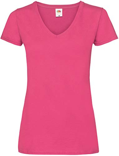 FRUIT OF THE LOOM Women's V-neck Valueweight T Shirt, Pink (Fuchsia), 10 UK