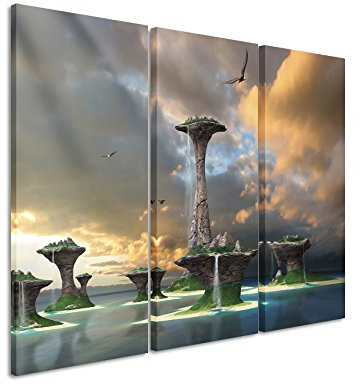 Leinwandbild 3 teilig Fantasy_Islands_3x90x40cm (Gesamt 120x90cm) _Ausführung schöner Kunstdruck auf echter Leinwand als Wandbild auf Keilrahmen