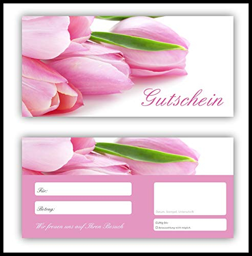 50 Geschenkgutscheine (Blumen-610) - Ein schönes Produkt für Ihre Kunden Gutscheine Gutscheinkarten für Bereiche wie Geschenke, Geburtstag, Freizeit, Wellness, Feier, Jubiläum, Frühling, Sommer, Blumenhandel - pink rosa Tulpen
