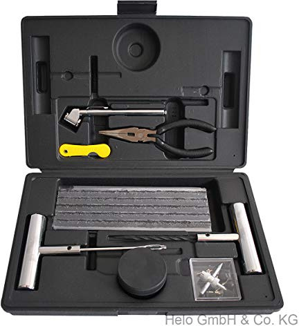 Helo 'TEK-052' SCHWARZ Reifenreparaturset schlauchlose Reifen 6 mm, Notfall Reifen Flickzeug Reparaturset mit 20 selbstvulkanisierenden Streifen und Reparatur Spezialwerkzeug, Pannenset inkl. Koffer