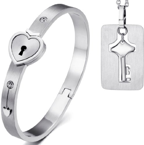 JewelryWe Schmuck 2tlg Edelstahl Silber Herz Sperren Armband Armreif & Schlüssel Hundemarke Anhänger Halskette Kette Set