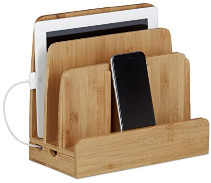Relaxdays Ladestation Bambus, Ladestationhalter, 3 Ablagen, Smartphone, Handy, Tablets, HBT: 23 x 25,5 x 13,5 cm, natur