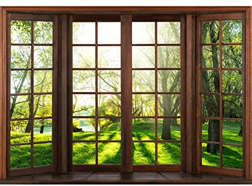 Runa Art Fototapete Fenster Landschaft Modern Vlies Wohnzimmer Schlafzimmer - Made in Germany - 308 x 220 cm Grün Braun 9383010a