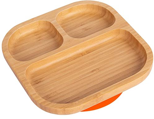 Tiny Dining Baby Plate with Suction Cup - Segmented - Orange - Divided Non-Slip Bamboo Self-Feeding Baby Weaning Plate for Babies, Toddlers, Children