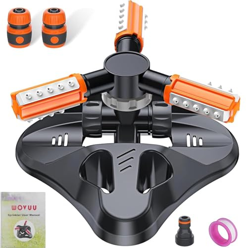 WOVUU Garden Sprinkler,Upgrade Lawn Sprinklers Automatic 360 Degree Rotating Irrigation Grass Water Sprayer System,Garden Hose Sprinkler for Yard/Built in 36 Units Angle Spray Nozzles(Orange)-1Pack