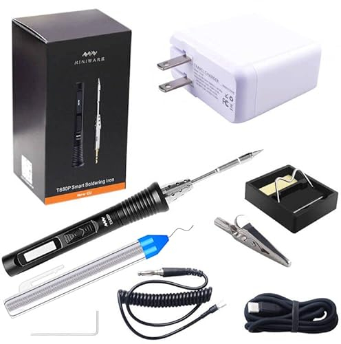 NewHail TS80P 12V/30W Type C USB Digital OLED Display Smart Electric Soldering Iron Welding Tool Kit Programmable Portable Mini Soldering Iron Station with B02 Tip + Power Supply + Solder Wire + Stand