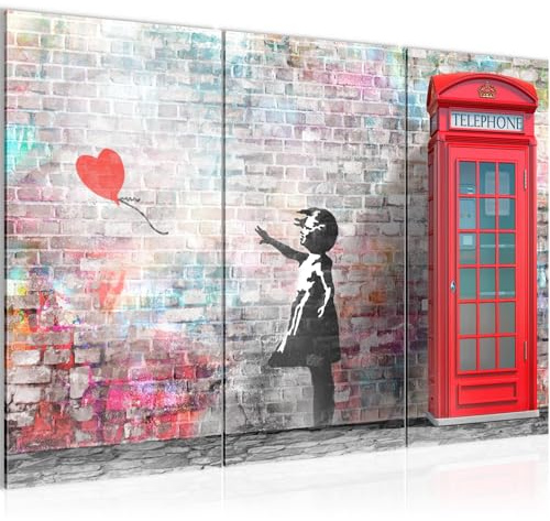 Runa Art Wandbilder Banksy Girl With Ballon Bild XXL Loft Wohnzimmer Rot Grau Abstrakt 120 x 80 cm 3 Teilig 033031b