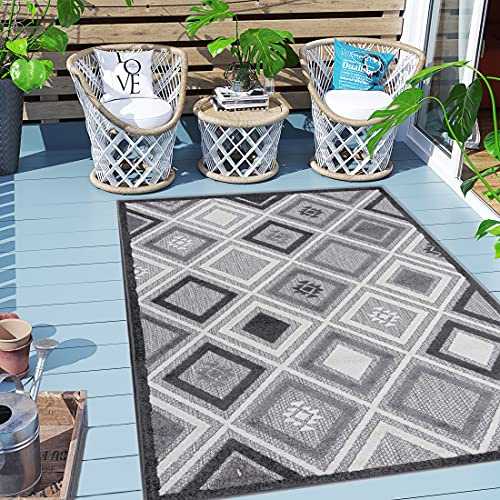 Carpeto Rugs Geometrisch In- & Outdoor Teppich Wetterfest für Balkon, Terasse - Balkon Teppich Wasserfest - Outdoorteppich Wetterfest - Aussenteppich Terrasse Groß - Grau - 160 x 230 cm
