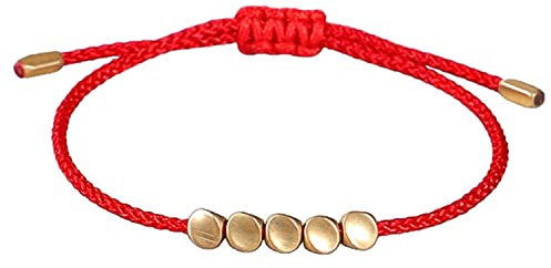 MENGLINA Bracelet tibétain fait à la main avec 5 perles irrégulières en cuivre et laiton - Feng Shui chinois porte-bonheur rouge - Chaîne réglable - Pour couple - Distance d'amitié - Cadeau de
