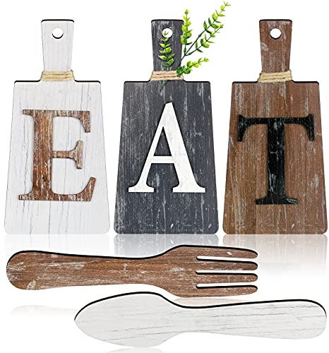 Schneidebrett Eat Schild Set Hängende Kunst Küche Eat Schild Gabel und Löffel Wand Dekoration Rustikales Primitives Land Bauernhaus Küchen Dekor für Esszimmer (Weiß, Grau Schwarz, Braun)
