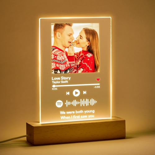 VEELU Song Cover Glas Bild mit Foto Spotify Glas Personalisiert LED Scannbar Spotify Code Nachtlicht Acrylglas Geschenke für Männer Frauen Geburtstagsgeschenk für Freund Freundin Partner