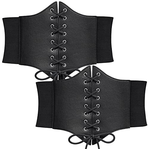 WERFORU 2 Stücke Frauen Tied Waspie Gürtel, Breiter Schnürgürtel für Damen, Korsett elastische Taille Gürtel für Halloween Schwarz/Schwarz
