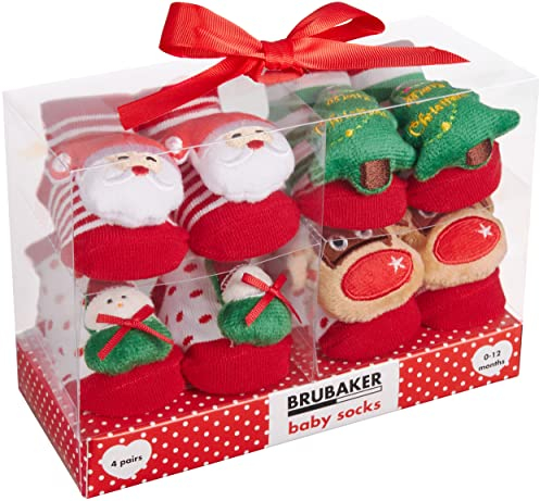 Brubaker 4 Paia di Calzini per Bambini Ragazze 0-12 Mesi - Set di Calzini di Natale per Neonati in Confezione Regalo con Fiocco - Natale con Adesivi di Peluche