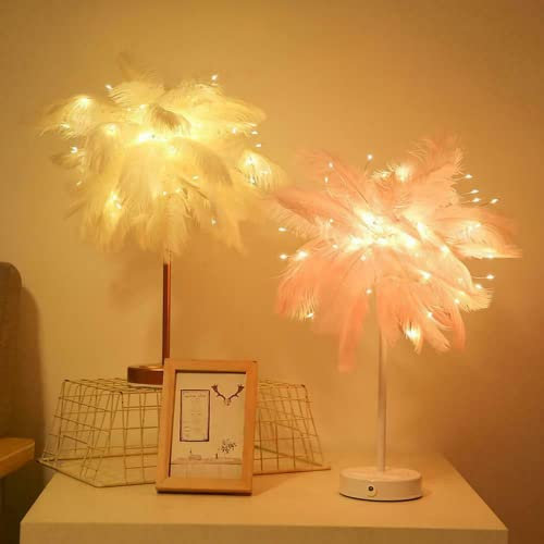 asky LED Feather Table Light Bedroom Bedside Dimmable Night Lamp Home Decor + Remote (Rose Gold Stand + Pink Feather)
