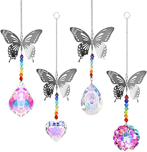 4 Stile Kristall Sonnenfänger Fenster Kristalle Licht Deko Anhänger, Kristall Glas Prisma Regenbogen Maker Schmetterling hängedeko für Zuhause Garten Hausgarten Auto Dekoration (S2)