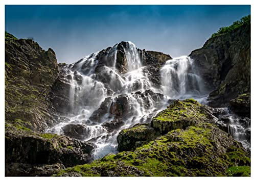 wandmotiv24 Fototapete Wasserfall Landschaft Gras Steine, 200 x 140cm - selbstklebende Vliestapete 150g, Wanddeko, Wandbild, Wandtapete, Neuseeland Berge Gebirge M6871