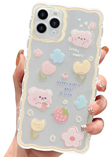 ECZOIL Compatible with iPhone 11 Pro Max Case Cute Cartoon Floral Bear Pattern Design Women Girls Kawaii Slim Soft TPU Transparent Cover for iPhone 11 Pro Max 6.5 inch-Yellow
