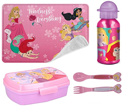 Set Pranzo Principesse Disney Porta pranzo + Posate + Borraccia Alluminio + Tovaglietta - Set Pranzo Porta merenda in Plastica RIUTILIZZABILE Principesse Disney Ariel Rapunzel Cenerentola Biancaneve