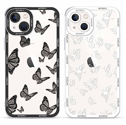 Yoedge 2 Stück Transparent HandyHülle für Apple iPhone 13 Hülle Schmetterling 6,1, TPU Silikon Schutzhülle für iPhone 13 Case 3D Schwarz Butterfly Muster Aesthetic Mädchen Frauen Durchsichtig Cover