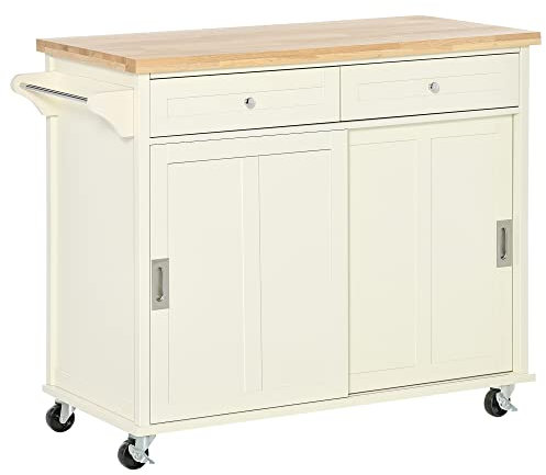 HOMCOM Isola per Cucina in Legno e MDF con Cassetti, Armadietto e Portasciugamani, Carrello da Cucina a 4 Ruote per Utensili, 110x49.5x89.5 cm, Bianco