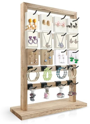 Fumingpal Présentoir à bijoux en bois avec 20 crochets amovibles, organiseur de bijoux à 5 niveaux pour cartes de boucles d'oreilles, colliers, bracelets, porte-clés (couleur chêne)