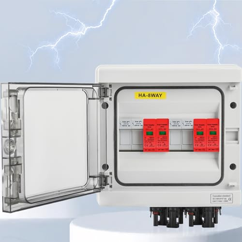 Warmfay Überspannungsschutz PV DC Trennschalter Blitzschutz DC 1000V, 2-String Photovoltaik 8-Module Solar PV Anschlusskasten IP65 Wasserdicht