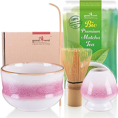 Goodwei Ensemble de Cérémonie Thé Matcha: Bol Céramique, Fouet à Matcha, Cuillère et 30g de Thé Vert Matcha Biologique (Kiku)