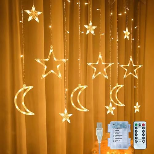 LED Lichterkette Mond und Sterne für Ramadan - Sternenvorhang Deko Lichter - Stern Mond Lichtervorhang