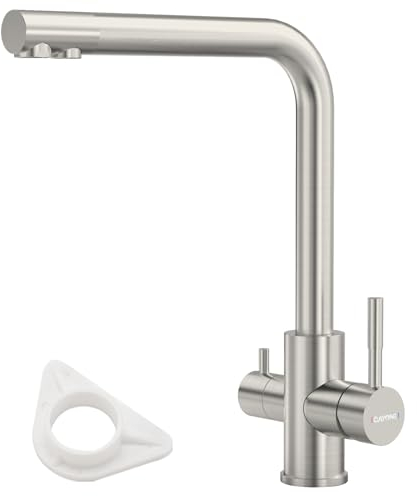 DAYONE Robinet d'évier de cuisine à 3 voies, robinet d'eau potable en acier inoxydable SUS304, pivotant à 360°, mélangeur d'évier 3 en 1, filtre à eau, robinet de cuisine standard britannique 1 trou