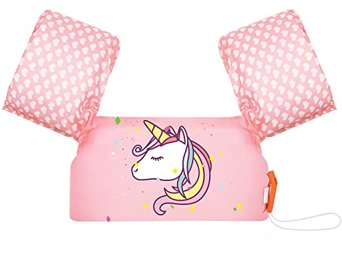 MoKo Kinder Schwimmflügel, Niedlich Schwimmende Badeanzug Schwimmtraining Jacke Cartoon Schwimmflügel mit Sicherheitsschnalle für 20-50 lb Jungen Mädchen - Rosa Herz Einhorn