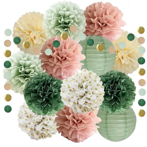 Pompons Deko Rosa Grün Party Deko Salbeigrün Rosa Seidenpapier Pompons Salbeigrün Papierlaterne Papier Girlande für Geburtstagsdeko Brautparty Babyparty Hochzeit Party Dekorationen
