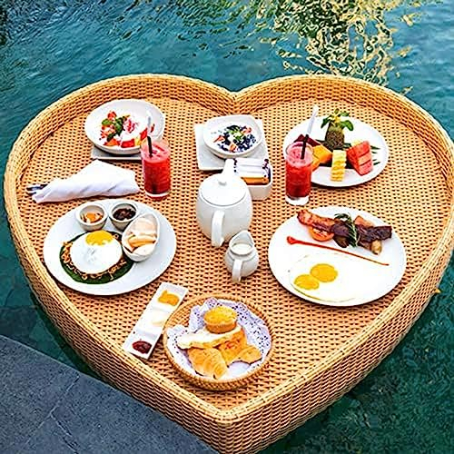 CAFIEDR Porte-Boissons à Plateau Flottant en Forme de cœur, Porte-Boissons de Piscine, Table Flottante pour Piscine, Porte-gobelets de Piscine, Plateau Flottant en rotin, Porte-Boissons pour Jacuzzi