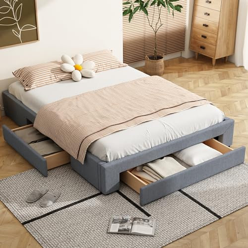 MQLAE Bett 160x200 cm, Doppelbett mit DREI große Schubladen, ohne Kopfteil, Stauraumbett Bettgestell, Bett mit Lattenrost, für Erwachsene & Jugendliche, ohne Matratze, Grau