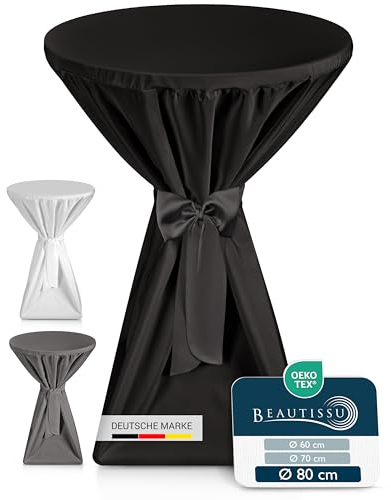 Beautissu Premium Stehtischhussen 80 cm Blickdicht Schwarz – Tischhussen für Stehtische 80 cm rutschfest Bügelfrei & Waschbar Stehtischüberzug Schleifenband – Husse für Stehtisch Bistrotisch
