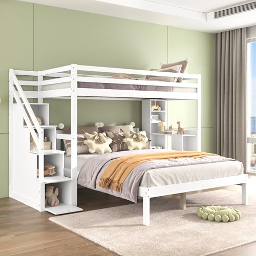 Lettino a castello 90 x 200 e 140 x 200 cm, letto a soppalco con scale e 4 cassetti, per bambini e culla con scrivania e armadietto, letto funzionale, letto a castello, senza materasso, bianco