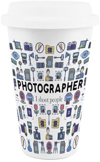 Purely Home Photographer Ceramic Travel Mug - Novelty Photography & Film Gifts/Presents - Reusable Silicone Lid Double-Walled Insulated Drinks Flask Cup