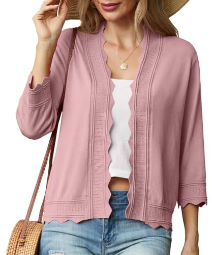 GRECERELLE Cardigan d'été en tricot pour femme, léger, doux, décontracté, bords festonnés, cardigan pour robe, été, soirée, mariage, rose clair, XL