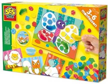 SES Creative 14062 Montessori-Spielzeug Farben und Materialien Sortieren - 4 Platten - Sensorisches Spielzeug - Federn, Struktur-Schaum, Filz und Fingerkleber - Für Kinder Ab 3 Jahren