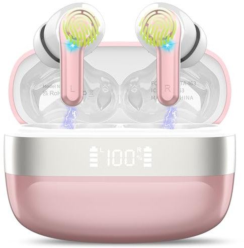 OWMSIC Auriculares Inalámbricos Bluetooth 5.3 HiFi Estéreo, 4 HD Mic, 48H Cascos Inalambricos con Cancelacion de Ruido ENC, LED Pantalla, IPX7 Impermeable, Oro Rosa
