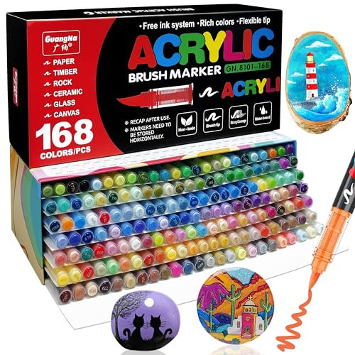 Acrylic Paint Pens, 168 Colours Accrylic Paint Brush Markers, 1-6mm Water-based Brush Tip Marker Paints Set, Art Pens for Rock, Glass, Stone, Metal, Fabric, Wood Ceramic