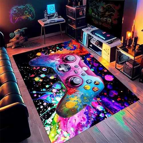 Kuluoits Gamer Gaming Area Rug, 100x150cm, Pink Blue Colored Gaming Rug, Abstract Doodle Game Gamepad Carpet Floor Mat, Play Mat for Game Room Playroom Decor for Boys Living Room Bedroom