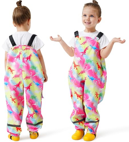 FILOWA Pantaloni Impermeabili Bambina Ragazze Pantalone Antipioggia con Striscia Riflettente Tasca Pantaloni Fango Rosa Dinosauro Traspirante Salopette Antipioggia per All'aperto Bambini 7 Anni