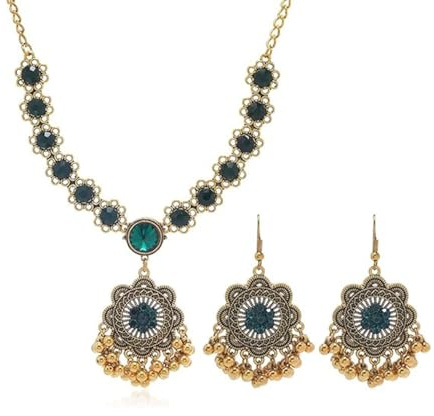 Set di gioielli bohemian floreale donna collana orecchini pendenti stile indiano etnico sfere con strass frange dorate per matrimonio festa cerimonia Bollywood chic gioiello tradizionale, Réglable