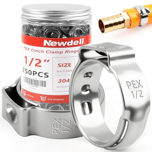 Newdeli 250pcs 1/2 inch Pex Crimp Rings Stainless Steel PEX Clamps Single Ear Hose Clamps Pex Fittings Cinch Pinch Clamp for Pipe Tubing Plumbing