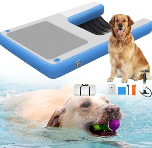 YANGYMM Aufblasbare Hunde-Wasserrampe, Schwimmende Dockleiter für Hunde, Haustier-Wasserplattform für Boot, Pool, Rutschfestes Sicherheits-Schwimmdock für Hunde 60 Pfund,Blue-150X100X10cm