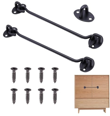 2 ganchos de cabina 203mm acero inoxidable negro con tornillos - Cerradura robusta para puertas correderas, ventanas, armarios, garaje, trastero, jardín y cobertizo - Seguridad y privacidad en interio