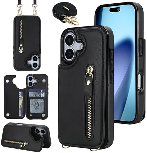 YDIJCYAN Coque pour iPhone 17 Etui avec boîtier pour Cartes avec Collier réglable, Porte-Monnaie pour iPhone 17 avec Boucle à Fermeture - Noir
