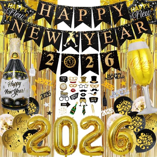 Silvester Deko 2026, Schwarz Gold Neujahr Deko 2026, Happy New Year Banner, 2026 Folienballon Konfetti Luftballons, 2026 Foto Requisite Party Dekoration Set, Glitzer Vorhänge für Silvesterparty