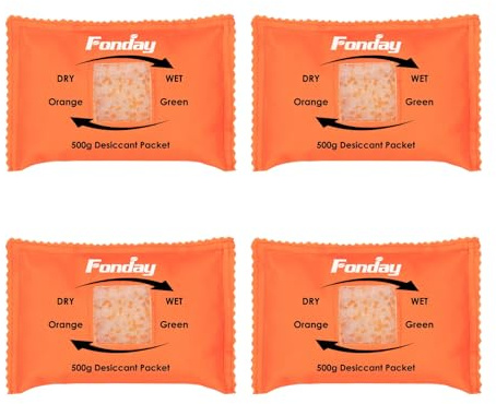 500Gram 4Packets Fonday Moisture Indicating Silica Gel Desiccant Packs | Orange to green, Reactivatable moisture absorber, Large for car dehumidifier, gun, safe, closet, basement and garage storage