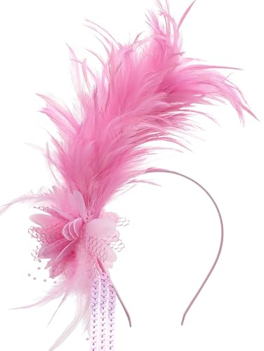 ETOFETE Haarreif Fasching 20er Jahre Damen Feder Haarschmuck, Pink Fascinator Stirnband Quaste Flamingo Kopfschmuck mit Blumen Kopfbedeckung für Karneval Halloween